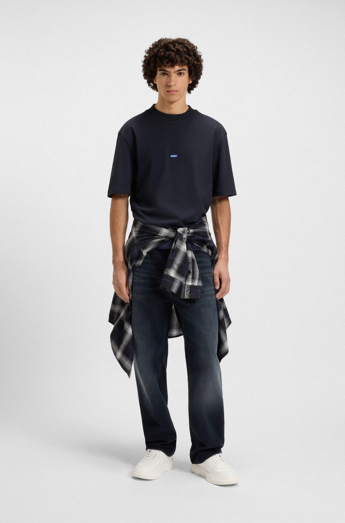 HUGO - Regular-fit cotton-jersey T-shirt with blue logo patch - Dark Blue Product Image