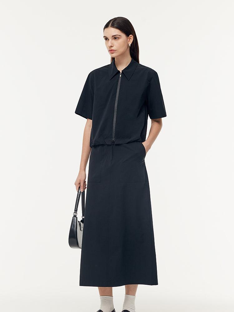 Short Sleeve Zip-Up Jacket And Adjustable Waist Skirt Two-Piece Set Product Image