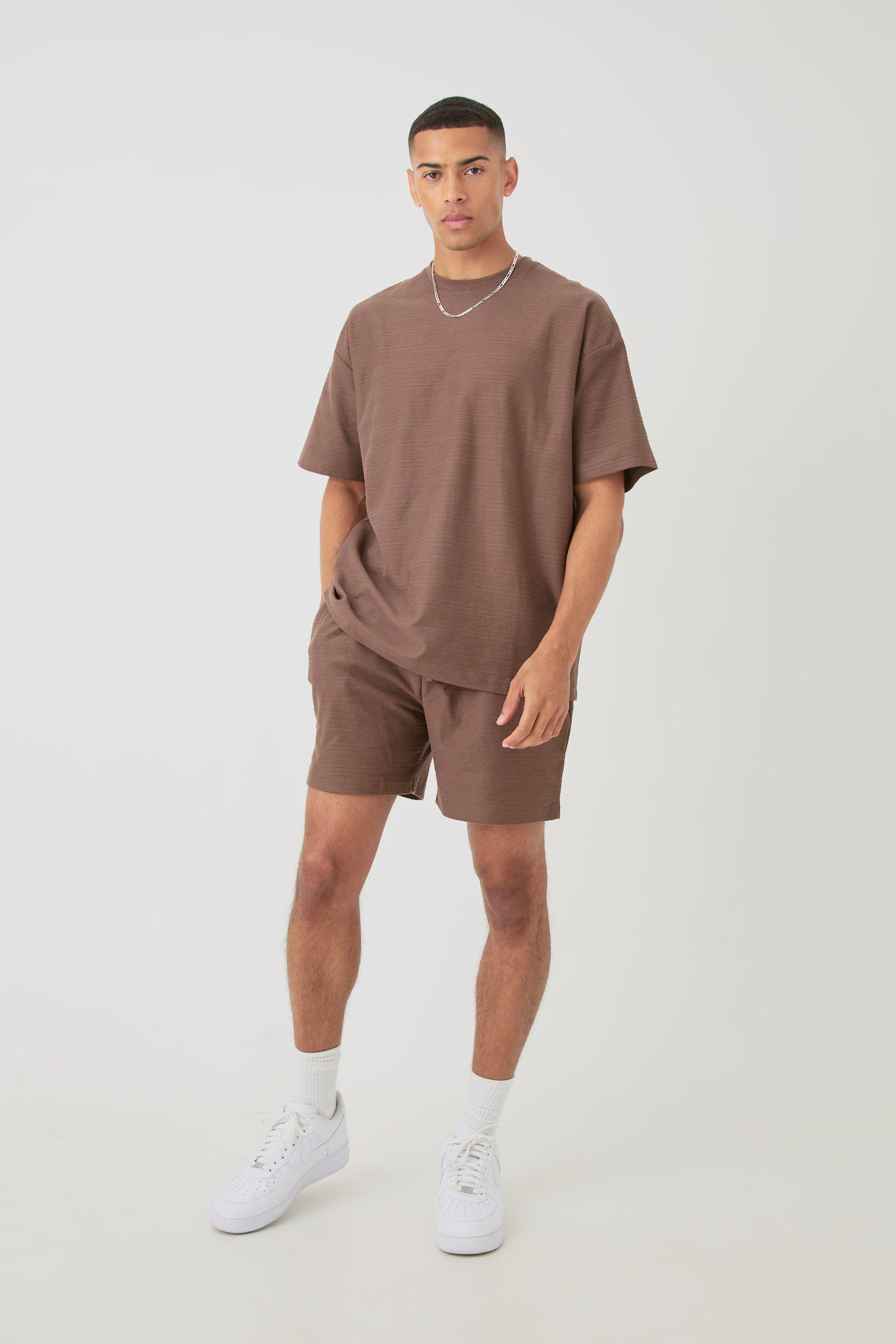 Mens Brown Oversized Jacquard Stripe T-shirt & Short Set, Brown Product Image