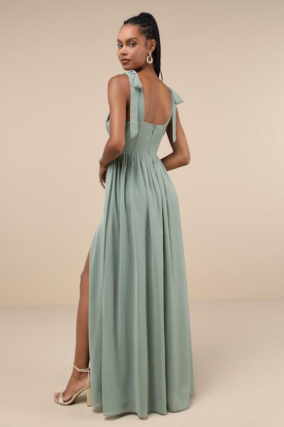 Radiant Charisma Sage Brush Chiffon Ruched Tie-Strap Maxi Dress Product Image