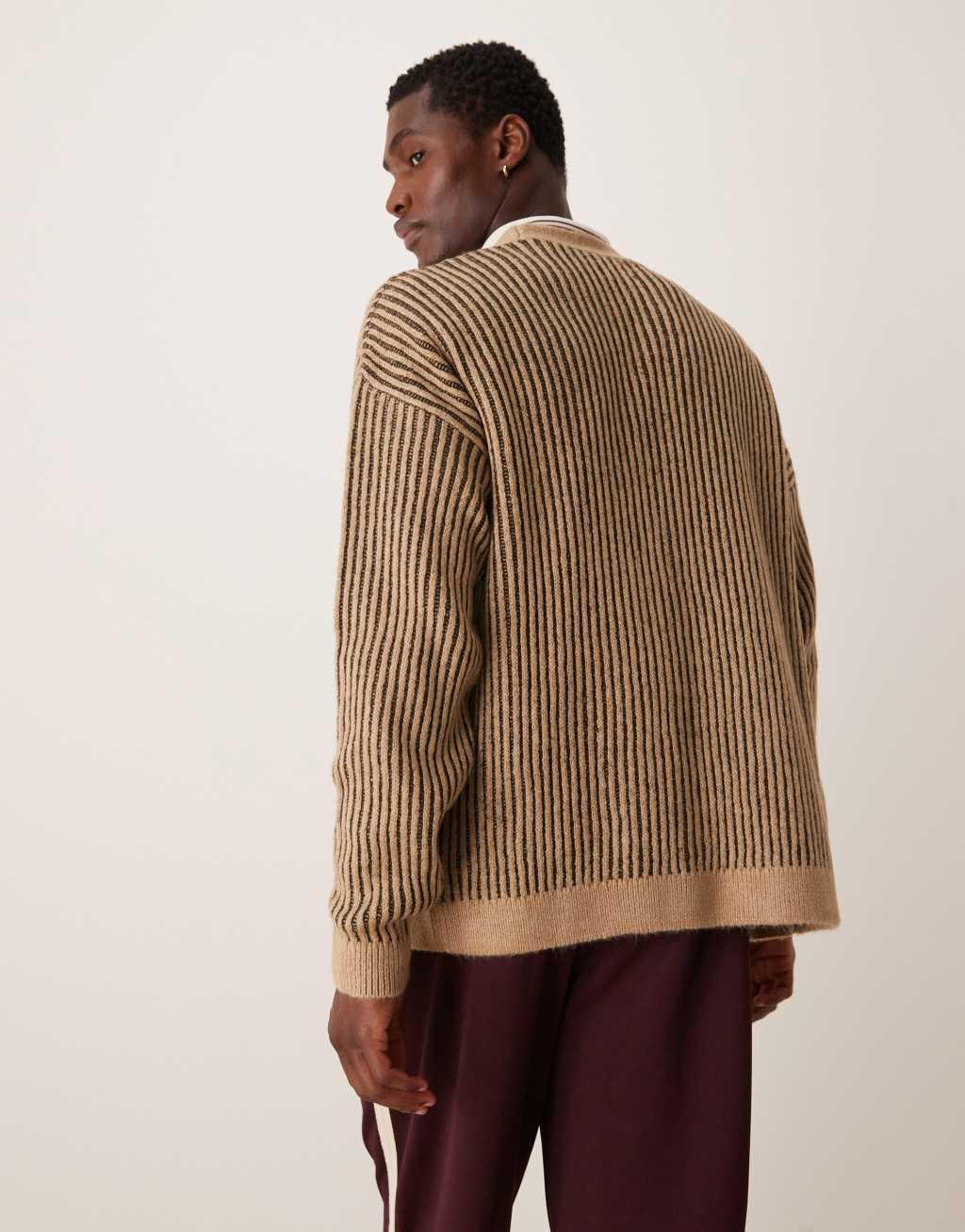 ASOS DESIGN knitted relaxed cardigan with plated rib in stone Product Image