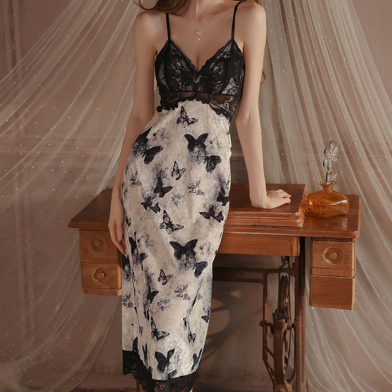 Spaghetti Strap V-Neck Butterfly Print Lace Panel Velvet Midi Nightdress / Pajama Robe / Set Product Image