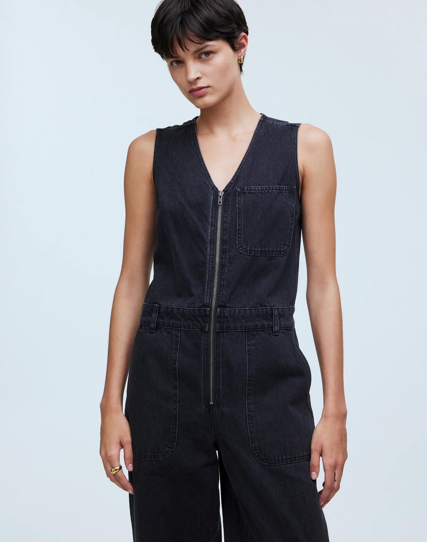 Denim Zip-Front Sleeveless Jumpsuit in Tarrybrook Wash Product Image