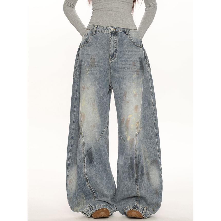 High Rise Washed Wide Leg Baggy Jeans Product Image