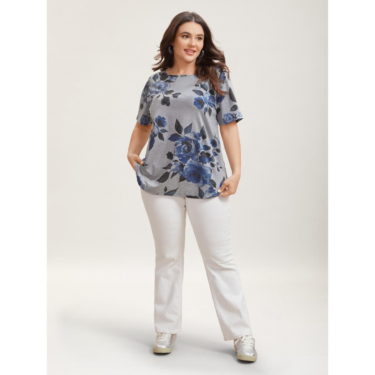 Plus Size Floral Print Round Neck Fitted T-Shirt DarkGray Women Leisure Non Natural Flowers Boat Neck Casual T-shirts BloomChic 28/5X Product Image