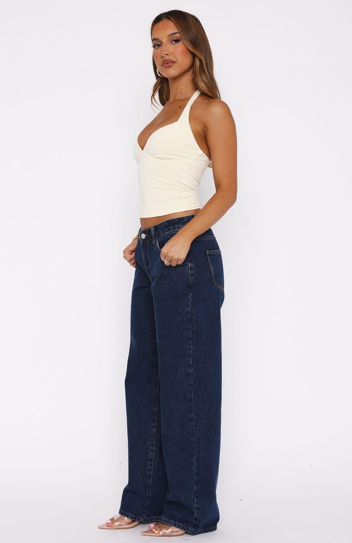 Bring The Style Low Rise Wide Leg Jeans Dark Blue Product Image