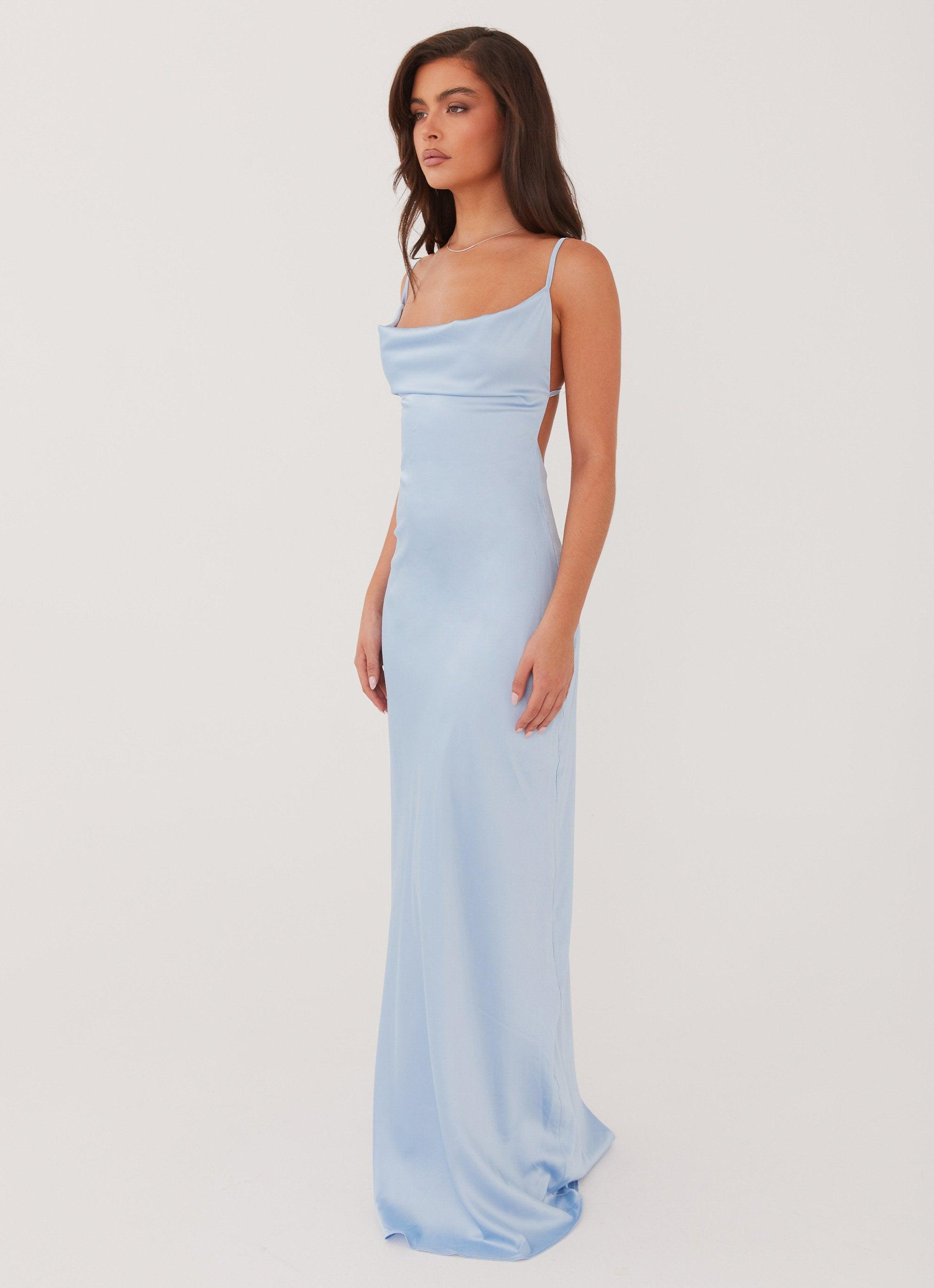 Coastal Escape Satin Maxi Dress - Ice Blue Product Image