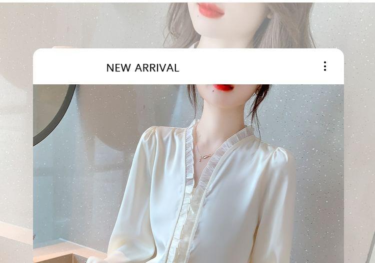 V-Neck Plain Ruffle Trim Blouse Product Image