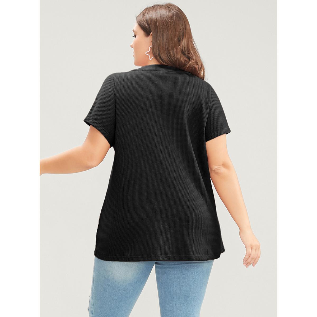 Plus Size Solid Dolman Sleeve Button Detail Waffle Knit T-shirt Black Women Casual Button Plain V-neck Dailywear T-shirts BloomChic 28/5X Product Image