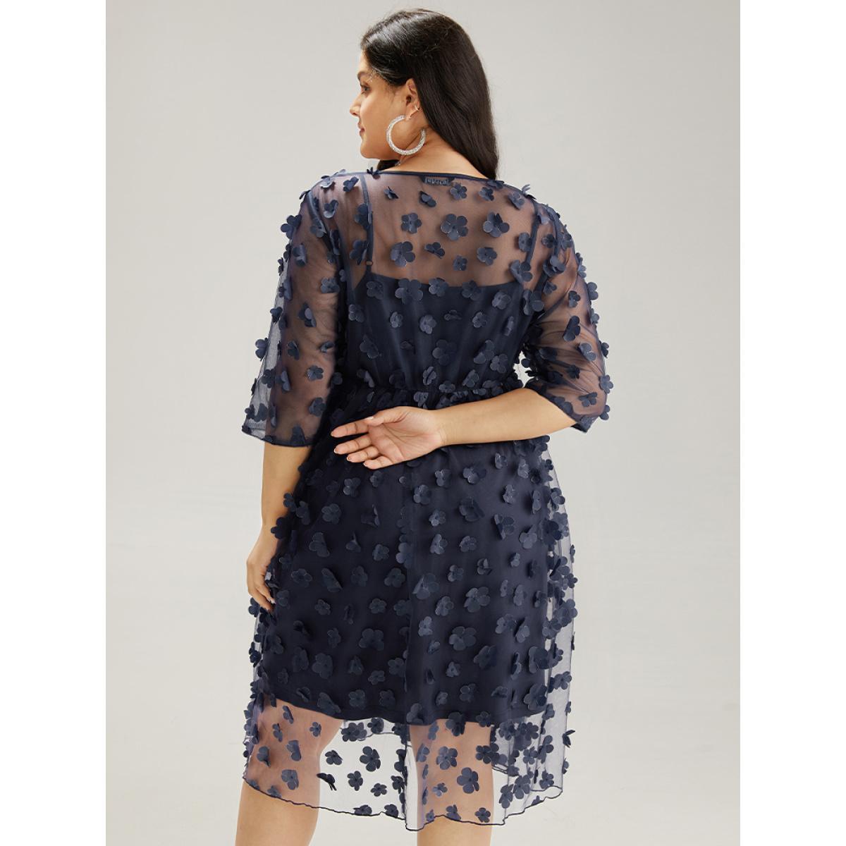 Plus Size Floral Embroidered Mesh Elastic Waist Crew Neck Dress DarkBlue Women Glamour See through Round Neck Elbow-length sleeve Curvy Knee Dress BloomChic 22-24/3X Product Image