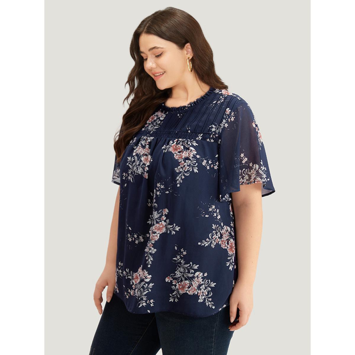 Plus Size Burgundy Floral Print Frill Trim Shirred Flutter Sleeve Blouse Women Elegant Short sleeve Round Neck Dailywear Blouses BloomChic 30/6X Product Image