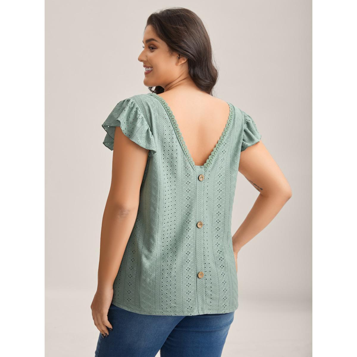 Plus Size Eyelet Trim Flutter Sleeve Backless T-Shirt Greenbean Women Leisure Woven ribbon&lace trim V-neck Casual T-shirts BloomChic 28/5X Product Image