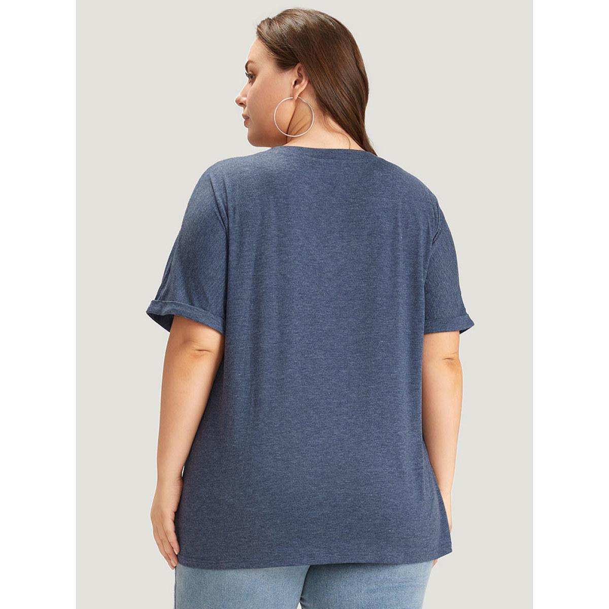 Plus Size Plain Patched Pocket Cuffed Sleeve Heather T-shirt Blue Women Casual Heather Plain V-neck Dailywear T-shirts BloomChic 28/5X Product Image