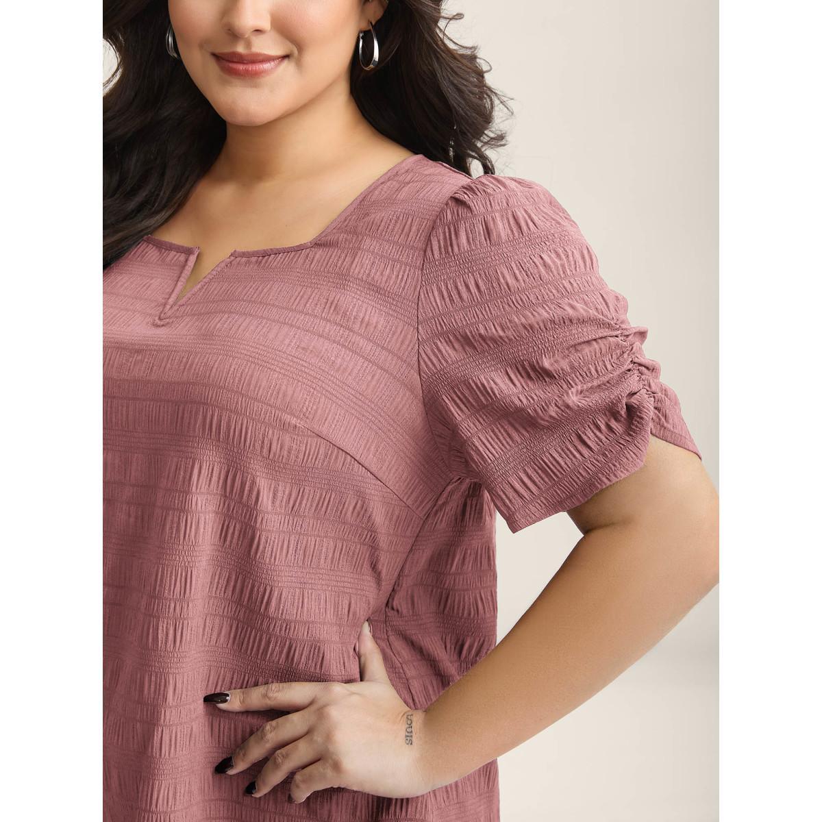 Plus Size Rouge Textured Gathered Sleeve Split Neck Blouse Women Office Short sleeve Asymmetrical Neck Office Blouses BloomChic 30/6X Product Image