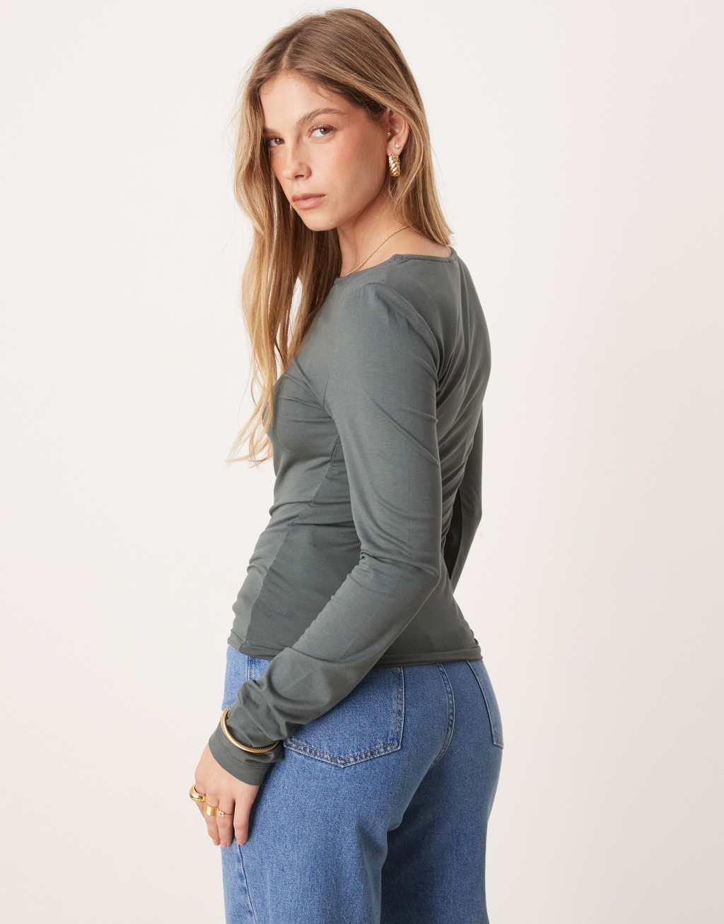 Gina Tricot Soft Touch jersey long sleeve top with round neck in gray green Product Image