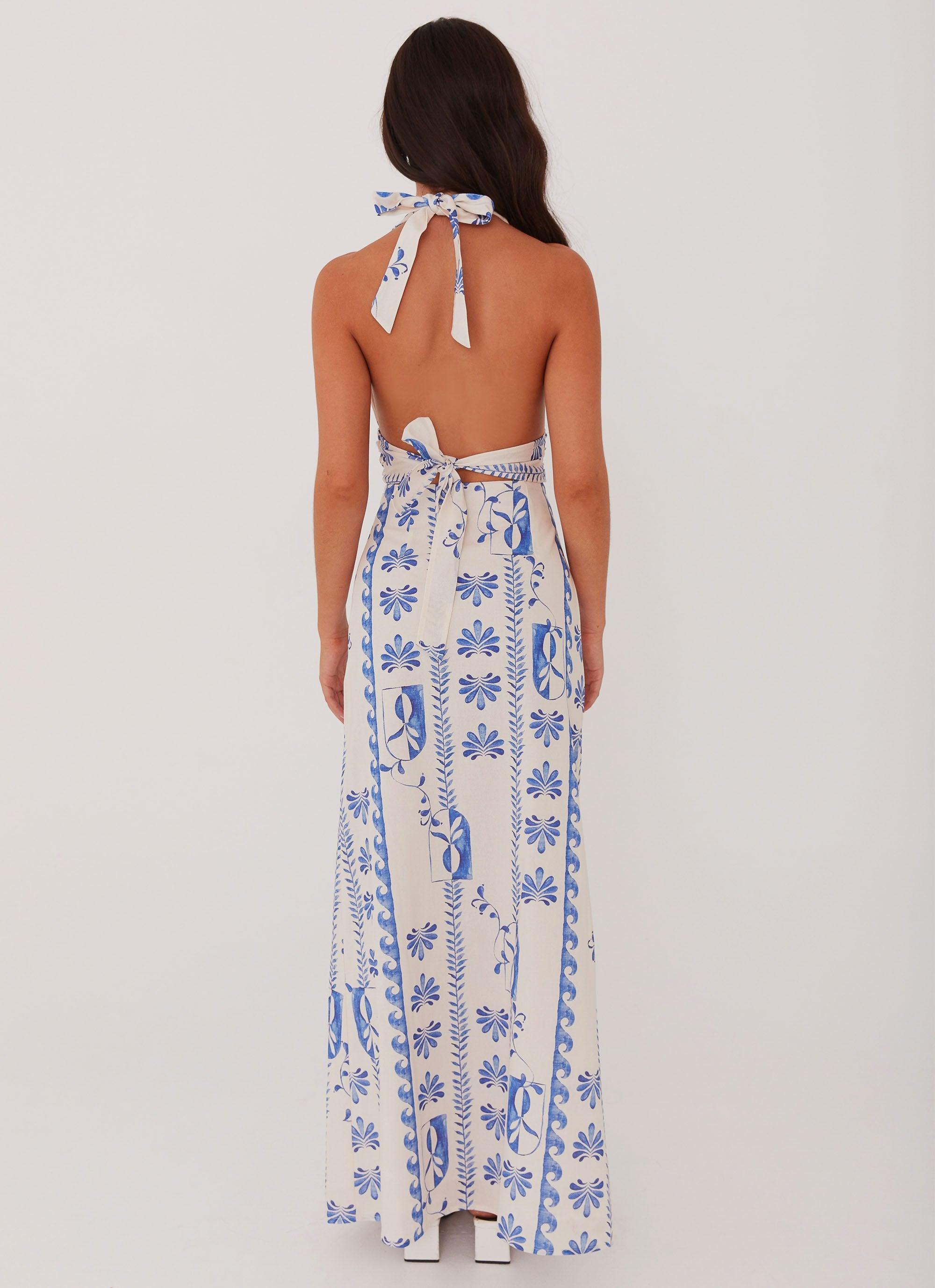 Sky Linen Maxi Dress - Floral Wave Product Image