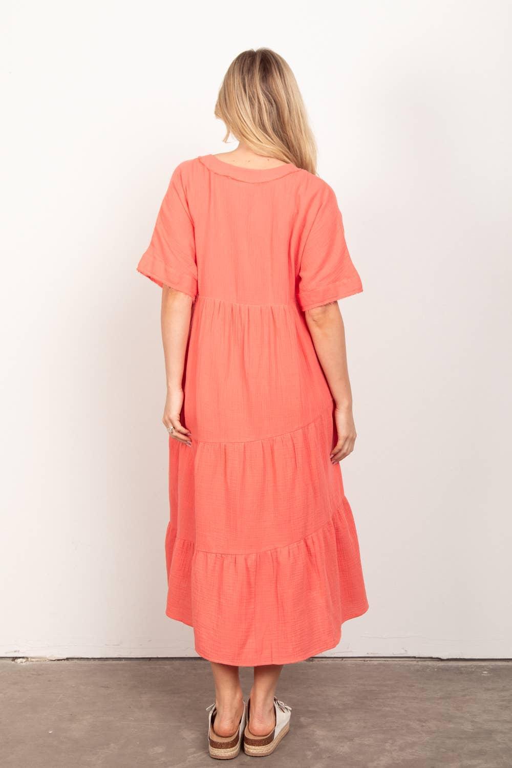 Frayed Detail Soft Crinkle Gauze Midi Dress Product Image