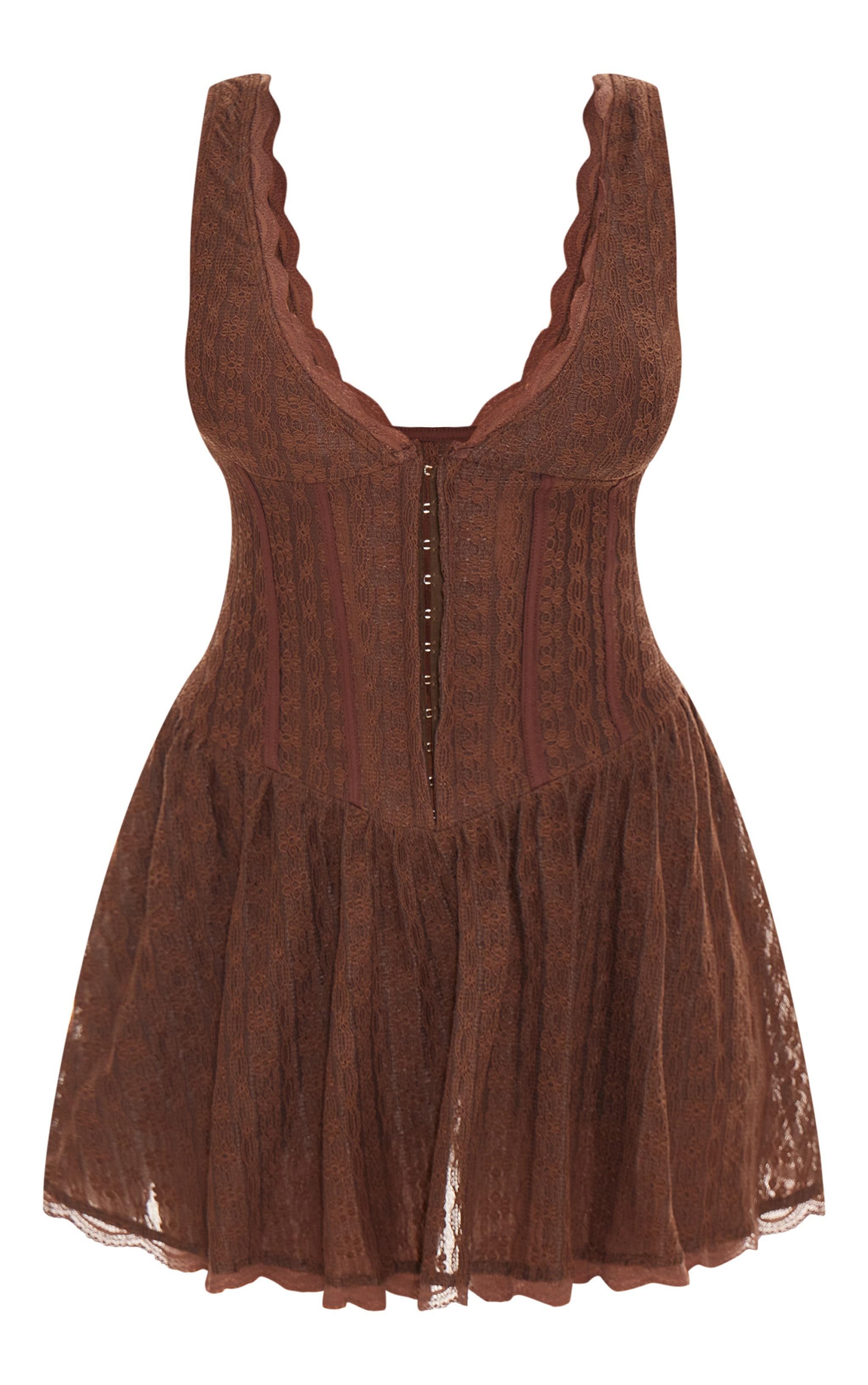 Chocolate Textured Lace Corset Detail Floaty Romper Product Image