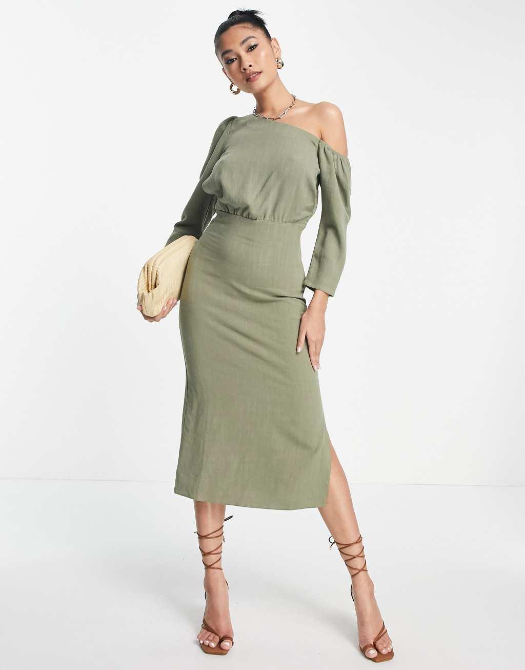 ASOS DESIGN linen fallen shoulder midi dress Product Image