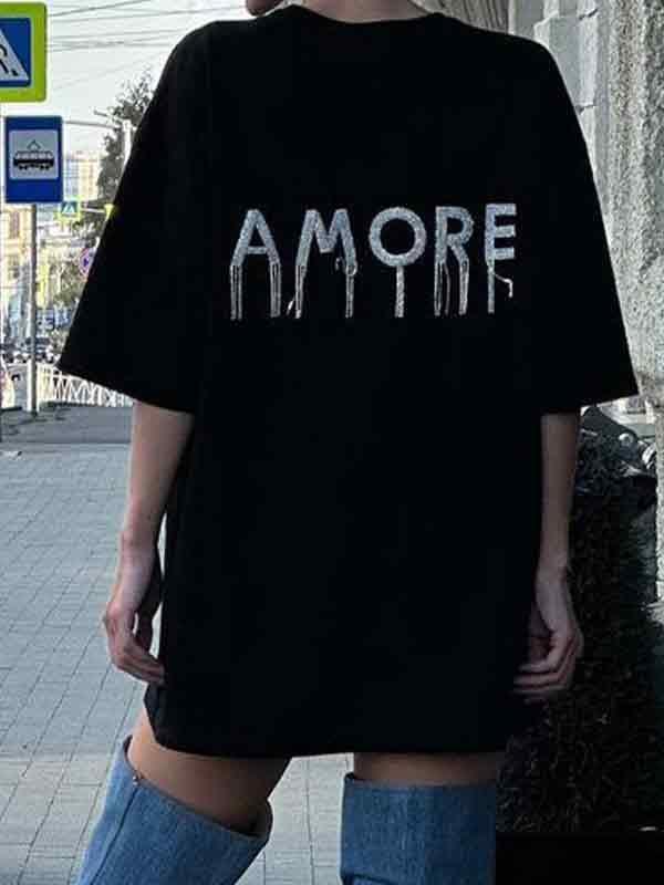 Letter Print Diamond Oversized Short Sleeve Tee Product Image