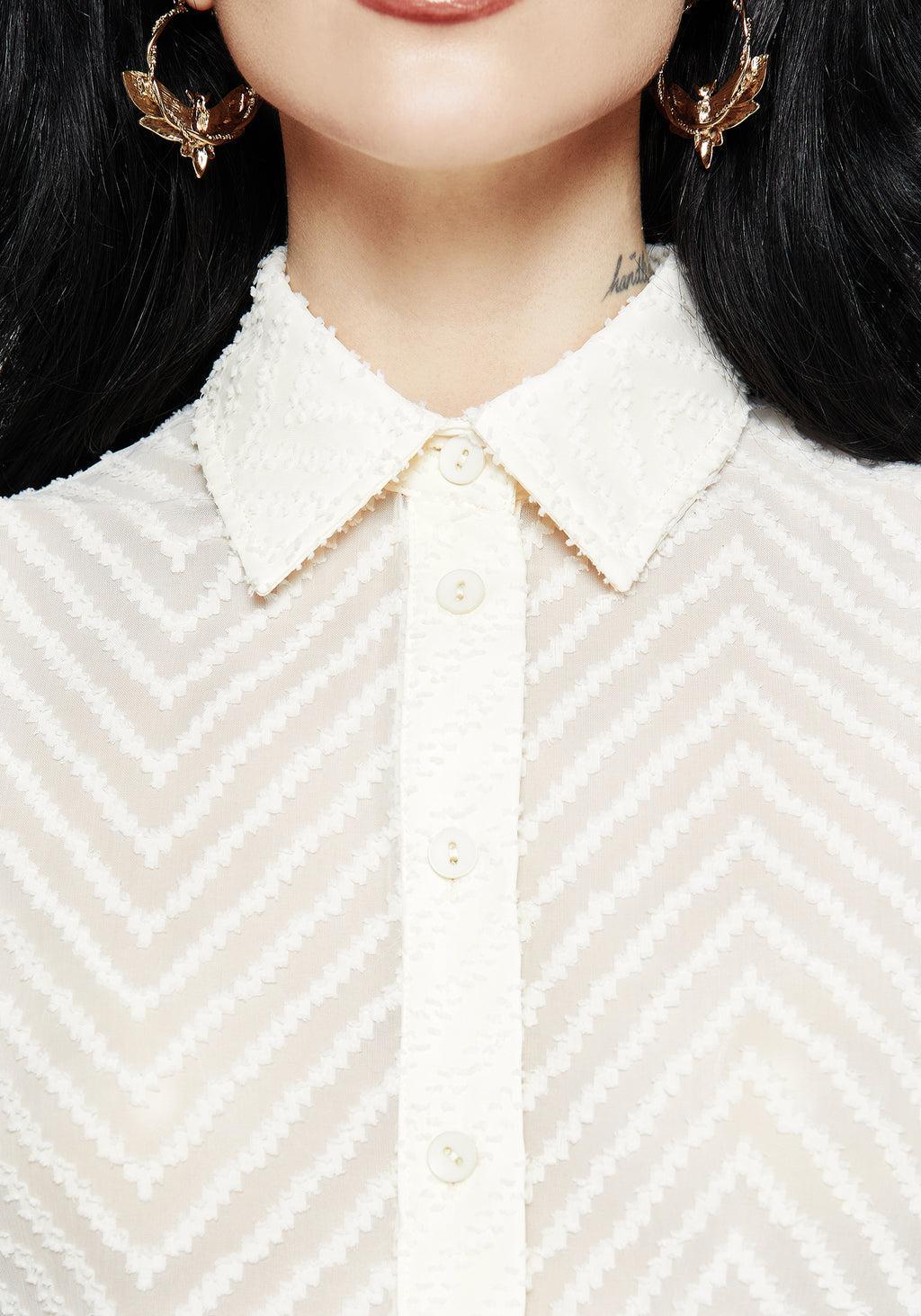 Chevron Button Up Blouse Top - White Product Image