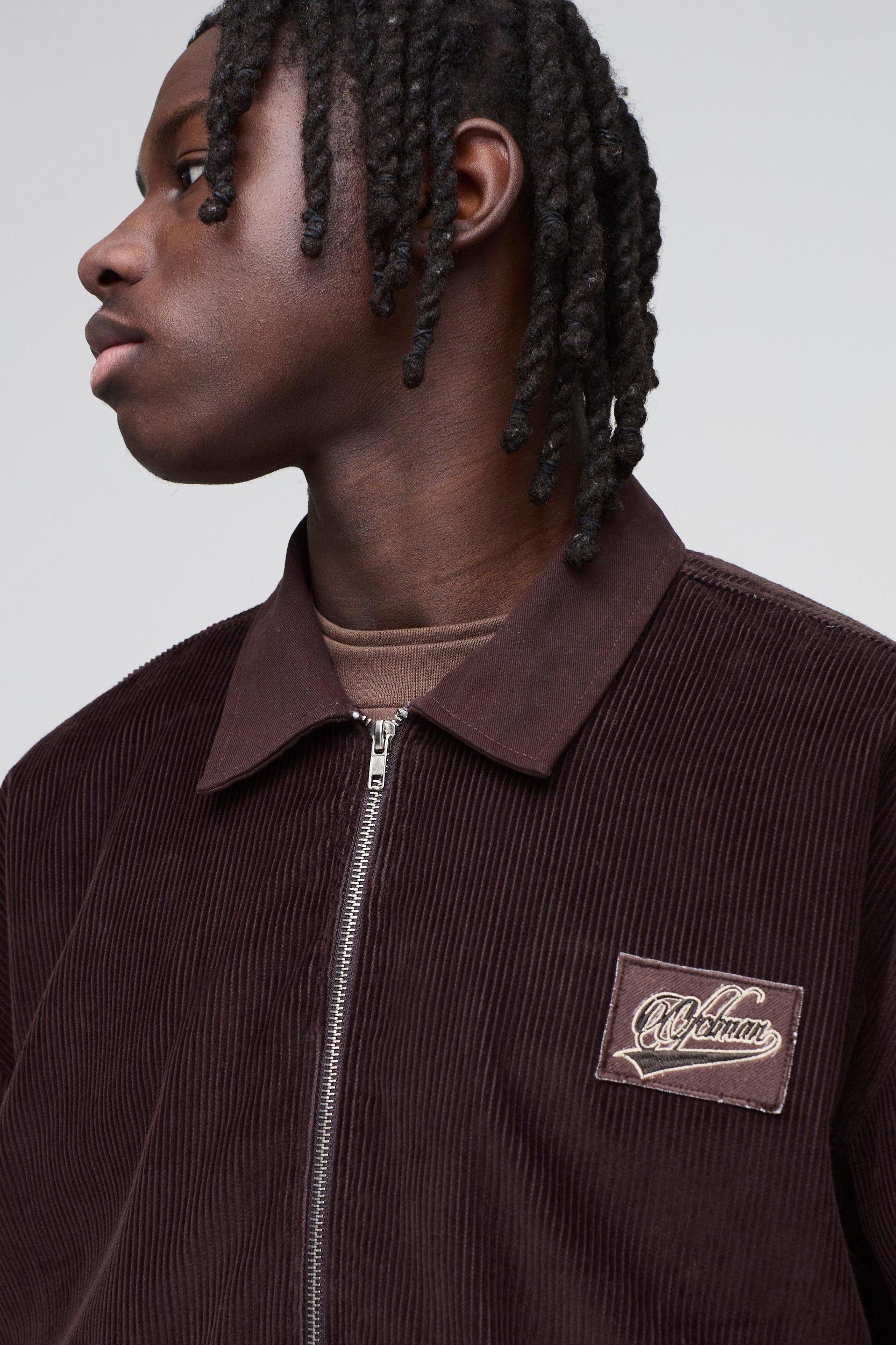 Oversized Boxy Varsity Badge Corduroy Bomber Jacket | boohooMAN USA Product Image