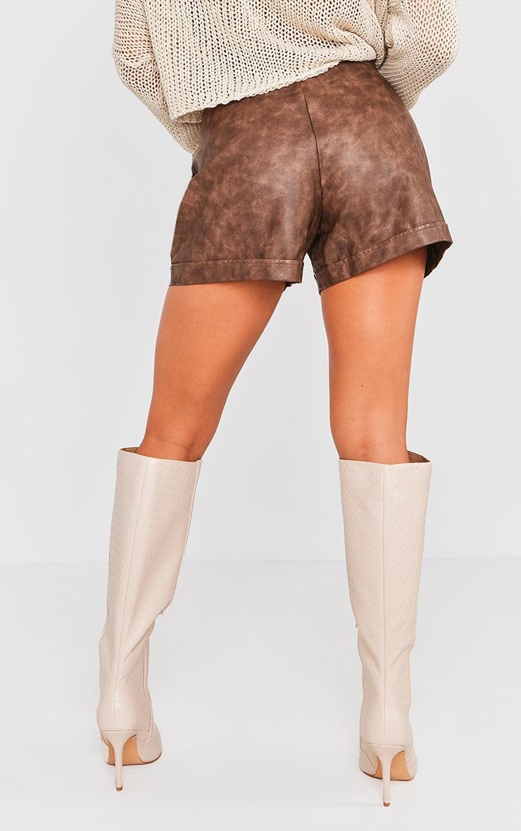 Premium Brown Washed Faux Leather Pleat Detail Shorts Product Image