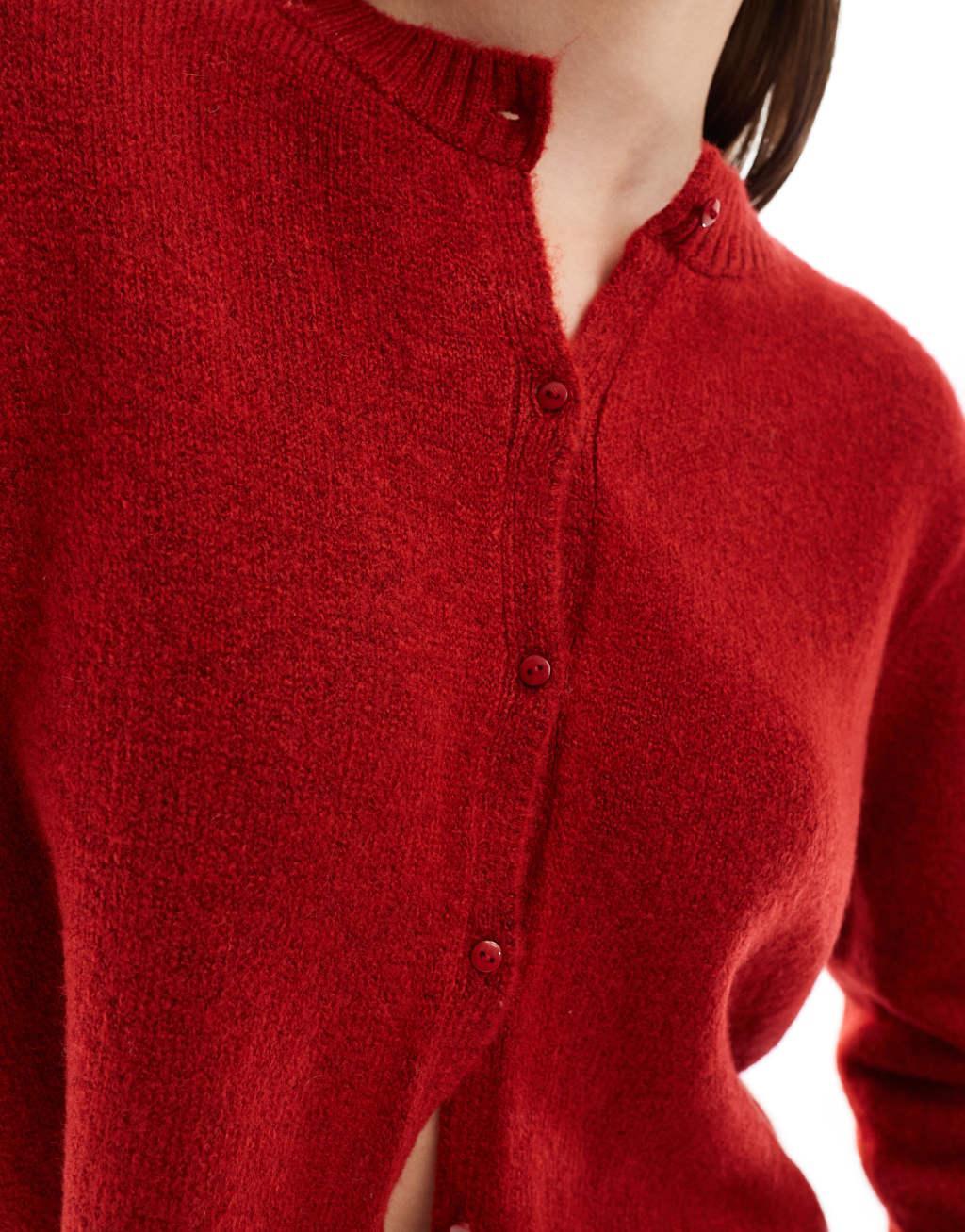 ASOS DESIGN fluffy knit cardigan in red Product Image