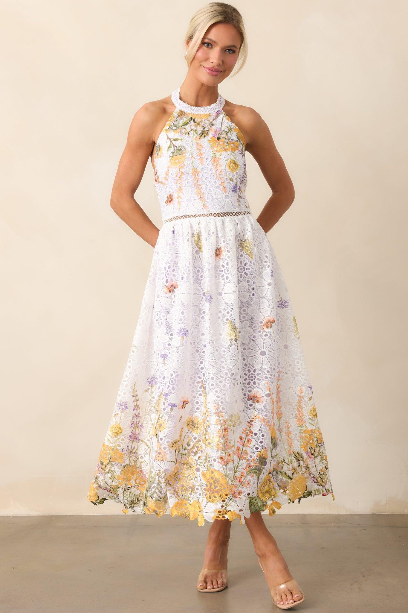 Twirl Me Lavender Floral Embroidered Halter Midi Dress Product Image