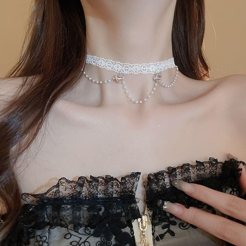 Rhinestone Layered Faux Pearl Bracelet / Heart Faux Crystal Layered Faux Pearl Lace Choker Product Image