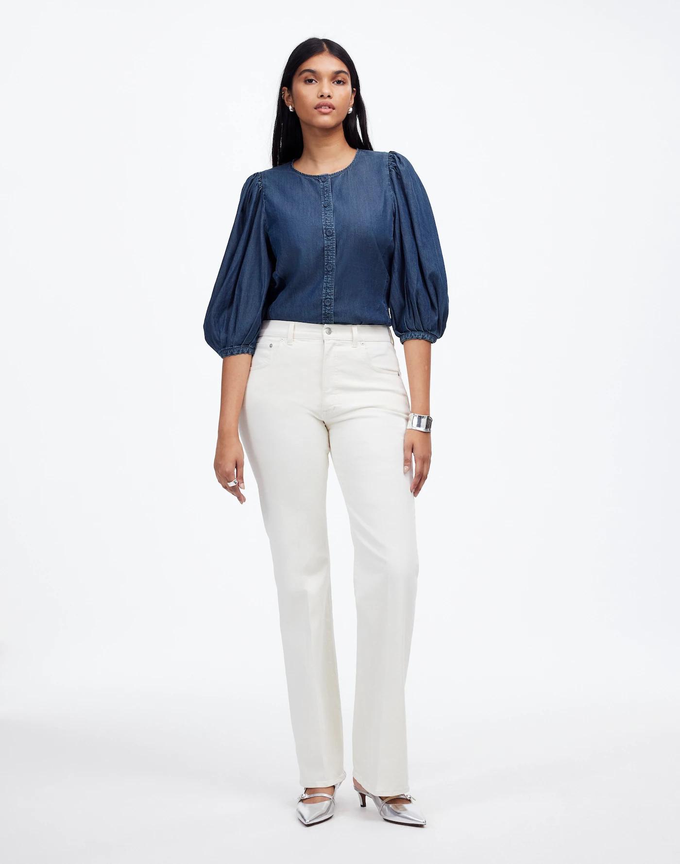 Denim Puff-Sleeve Button-Up Top Product Image