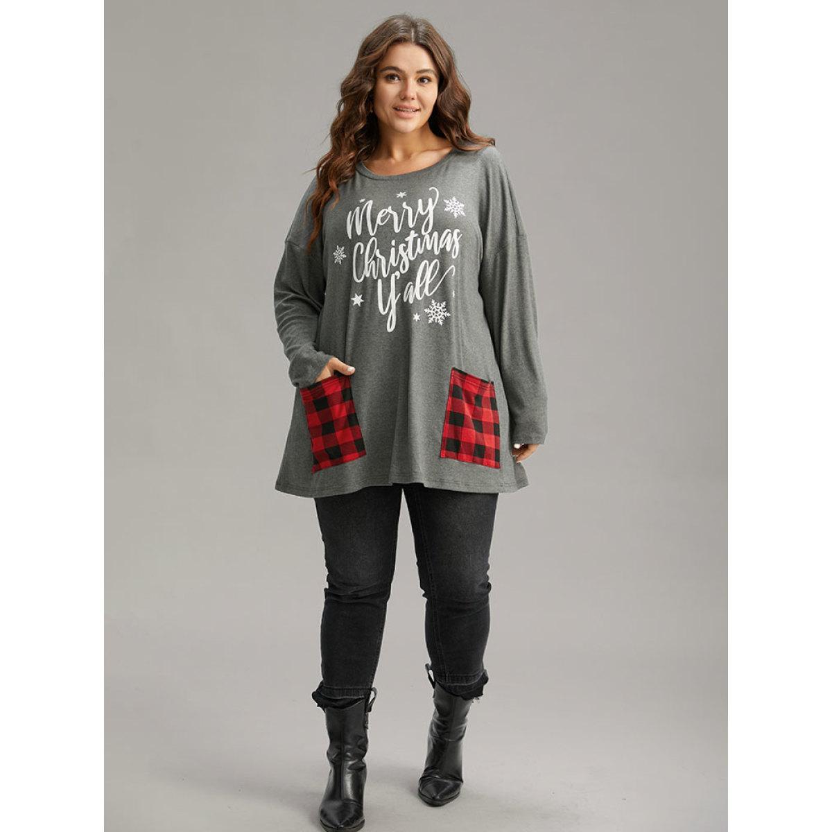 Plus Size Christmas Letter Plaid Patchwork Pocket T-shirt DimGray Women Casual Contrast Christmas Festival-Halloween T-shirts BloomChic 18-20/2X Product Image