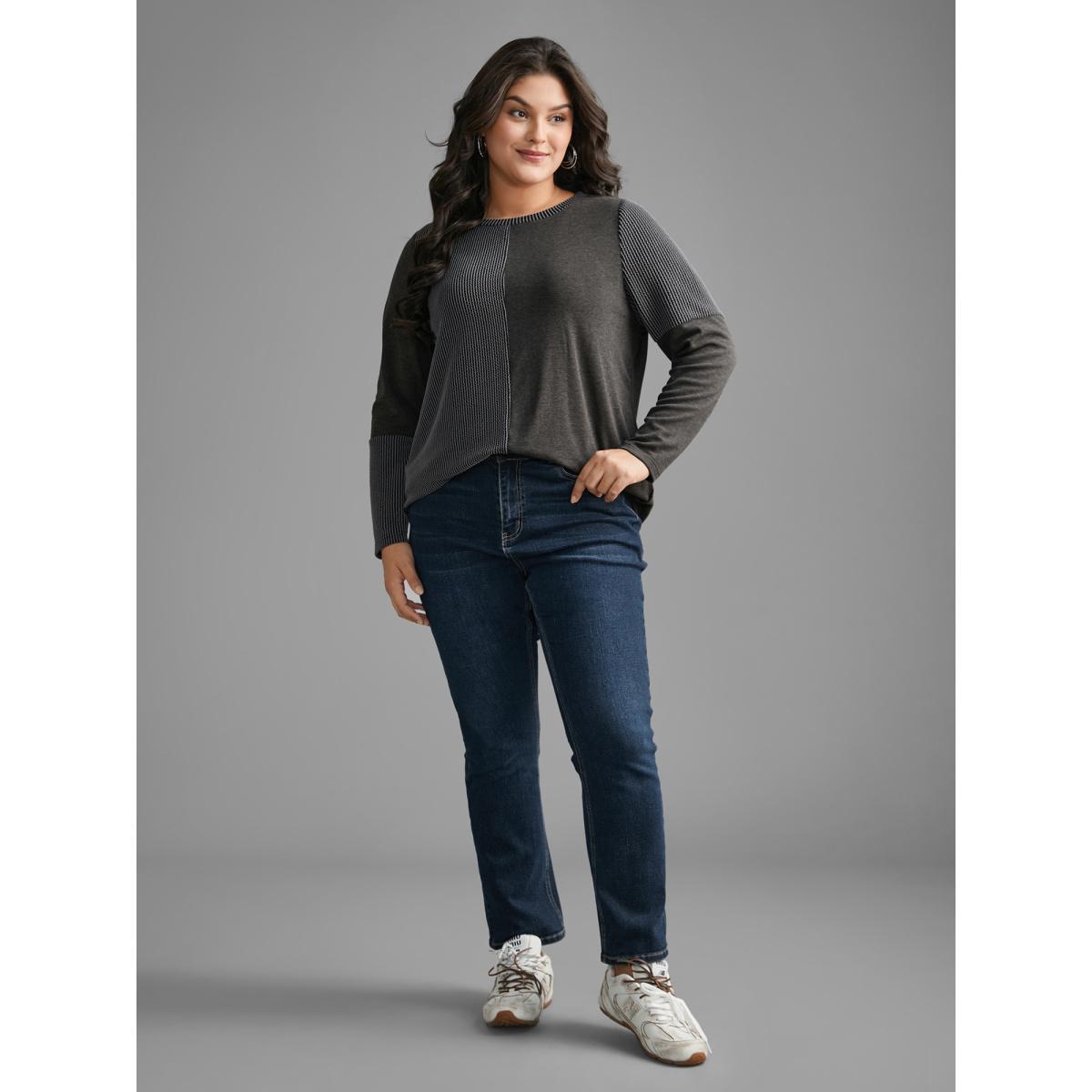 Plus Size Round Neck Textured Patchwork T-shirt Black Women Casual Texture Round Neck Everyday T-shirts BloomChic 14-16/1X Product Image