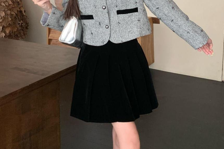 Collared Button-Up Crop Jacket / Mini A-Line Skirt / Set Product Image