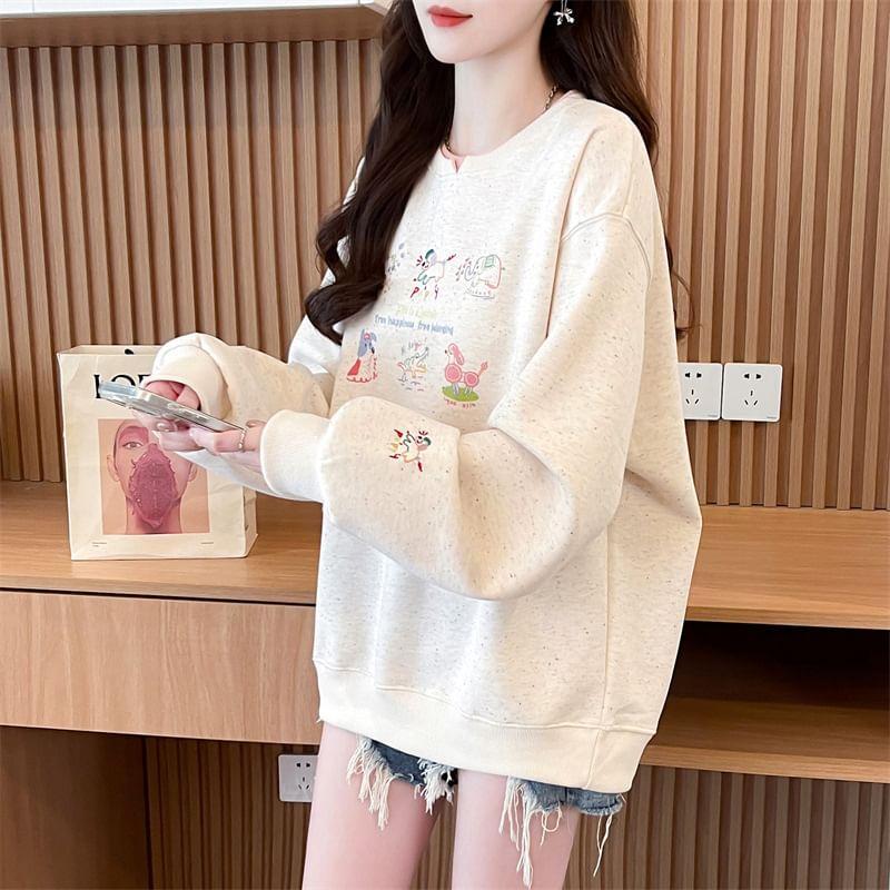 Crew Neck Mock Two-Piece Cartoon Embroidered Sweatshirt Product Image