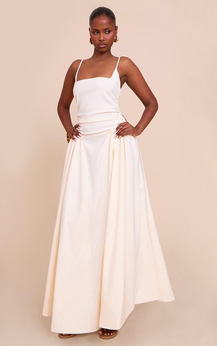 Cream Woven Ruched Strappy Midi Dress Product Image