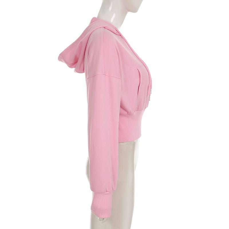 Drawstring Plain Zip-Up Cropped Hoodie Product Image