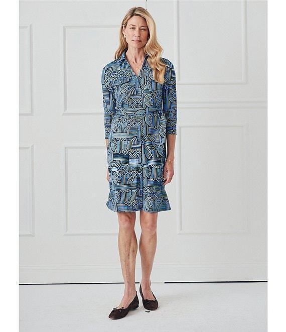 J.McLaughlin Brynn Abstract Printed Knit Point Collar 3/4 Sleeve Button Front Shirt Dress Product Image