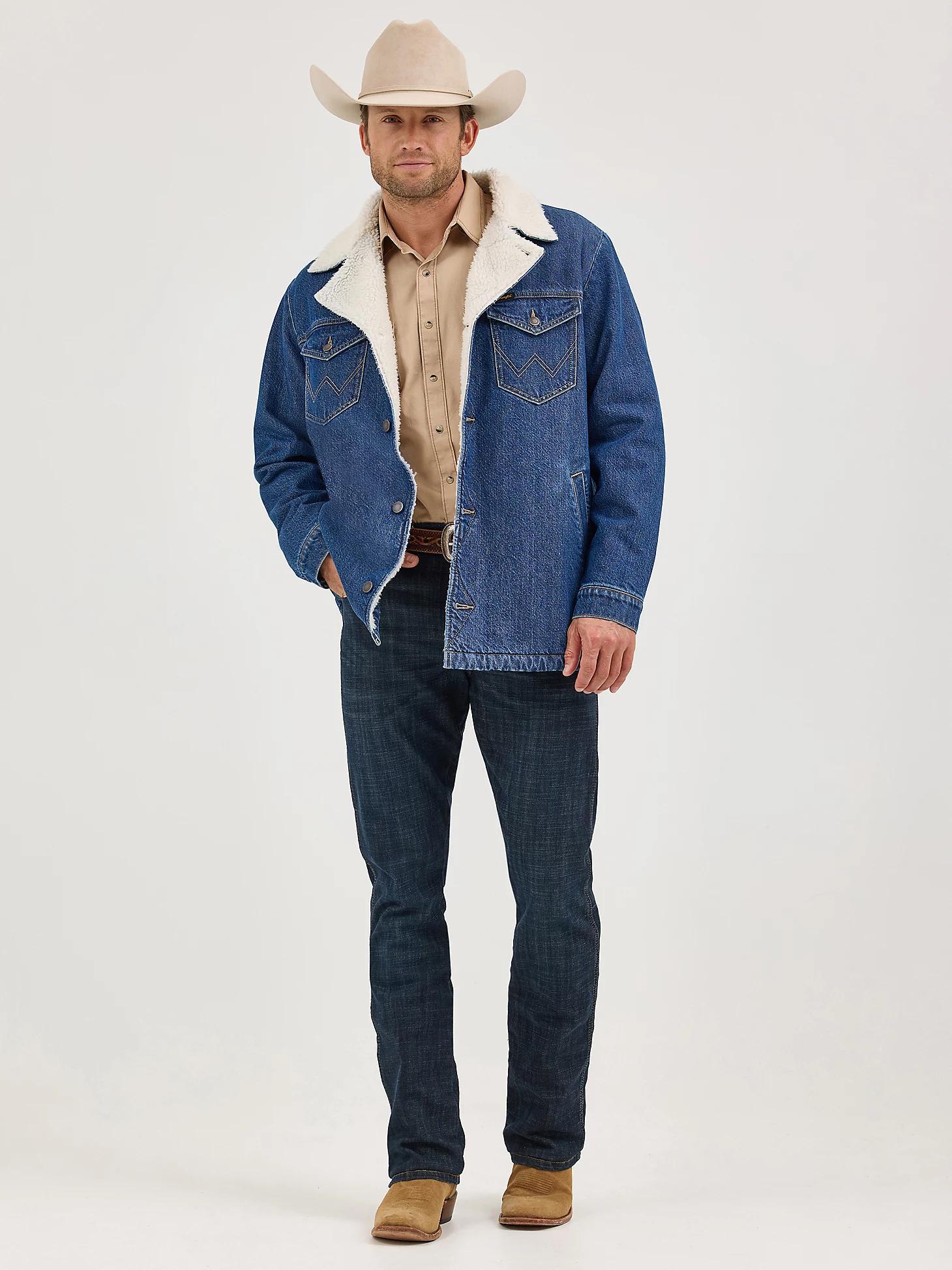Men's Western Sherpa Lined Denim Wrange Jacket in Medium Wash Product Image