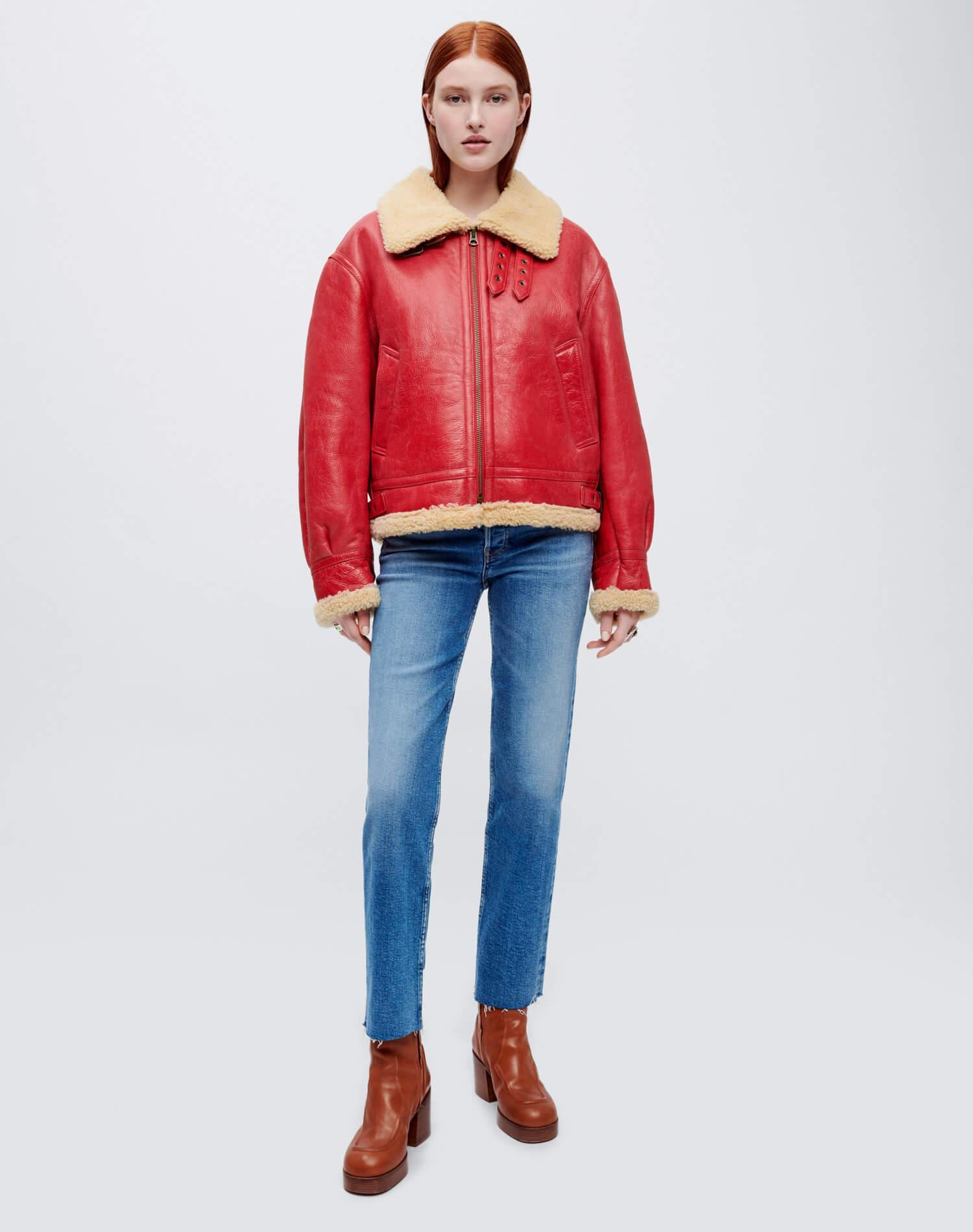 Suede Shearling Aviator Jacket - Red Product Image