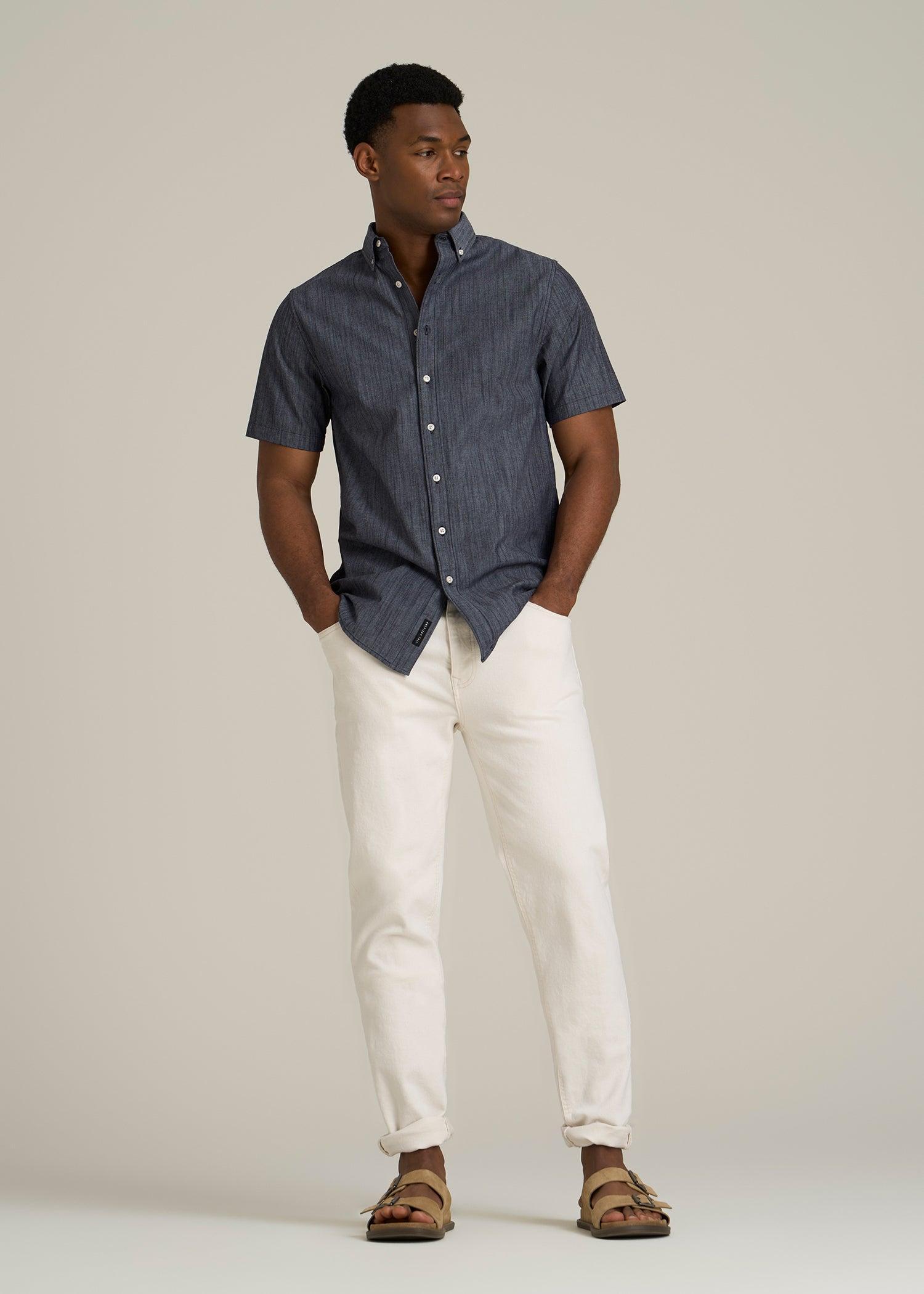 Short Sleeve Stretch Chambray Shirt for Tall Men in Dark Blue Chambray Male Product Image
