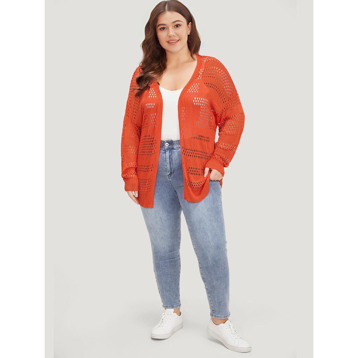 Plus Size Plain Open Front Elastic Sleeve Cut Out Cardigan Scarlet Women Casual Loose Long Sleeve Everyday Cardigans BloomChic 12/L Product Image