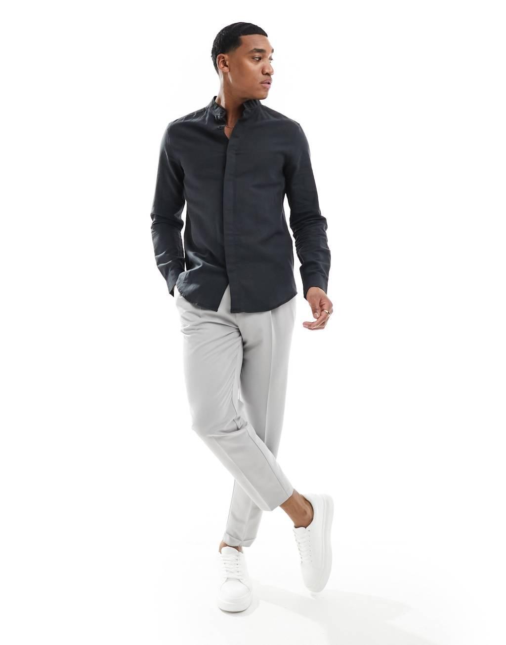 ASOS DESIGN smart linen shirt with deep grandad collar Product Image