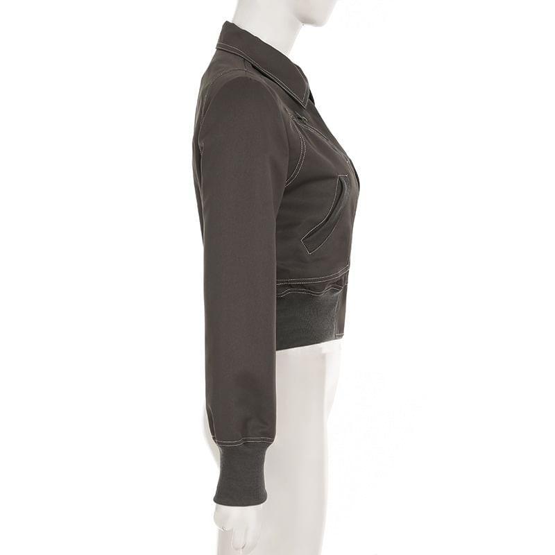 Collared Plain Zip Up Crop Jacket Product Image