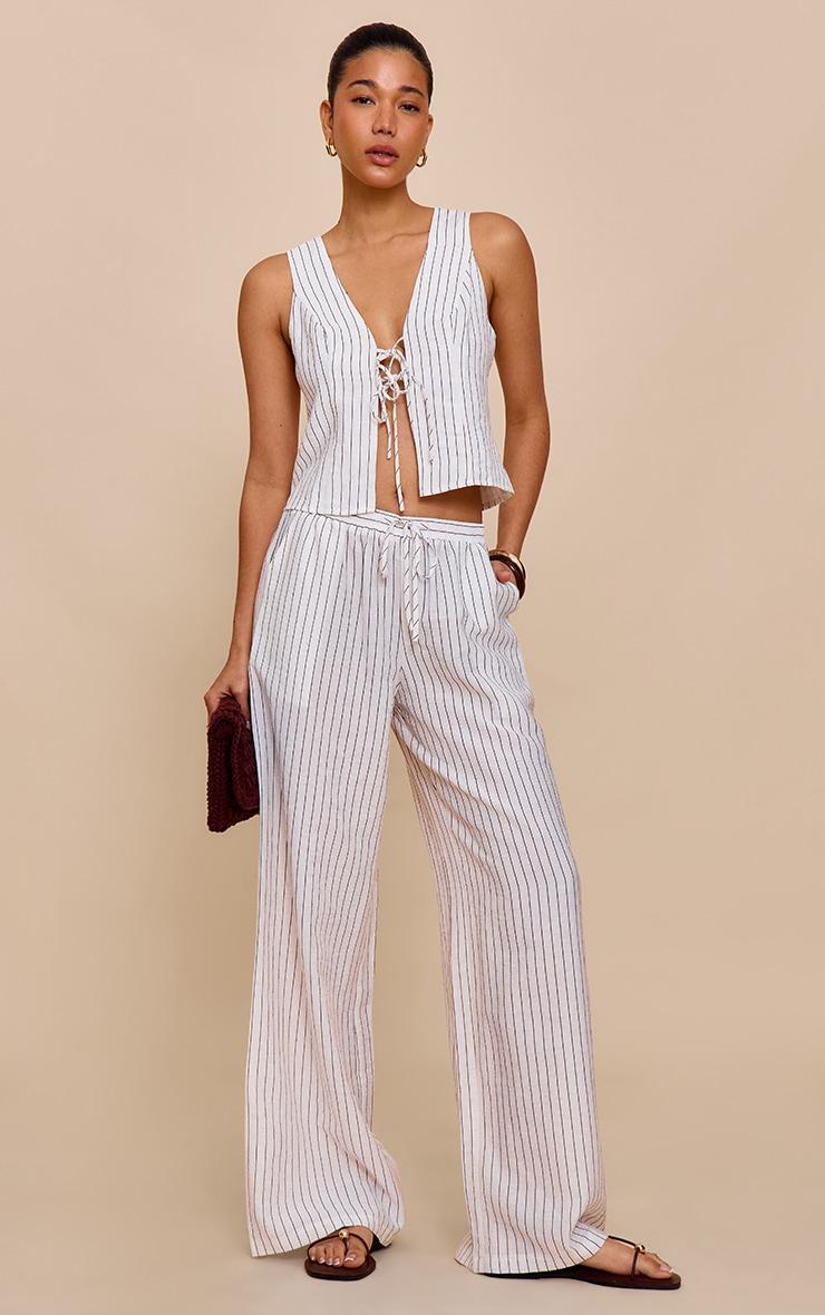 Cream Pinstriped Tie Front Top Product Image