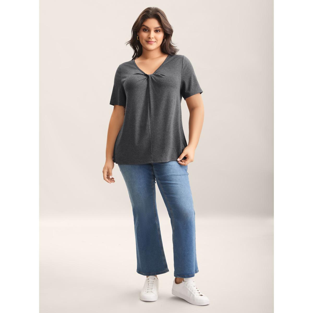 Plus Size Supersoft Cinched Neck Plain T-Shirt DimGray Women Leisure Twist Asymmetrical Neck Casual T-shirts BloomChic 14-16/1X Product Image