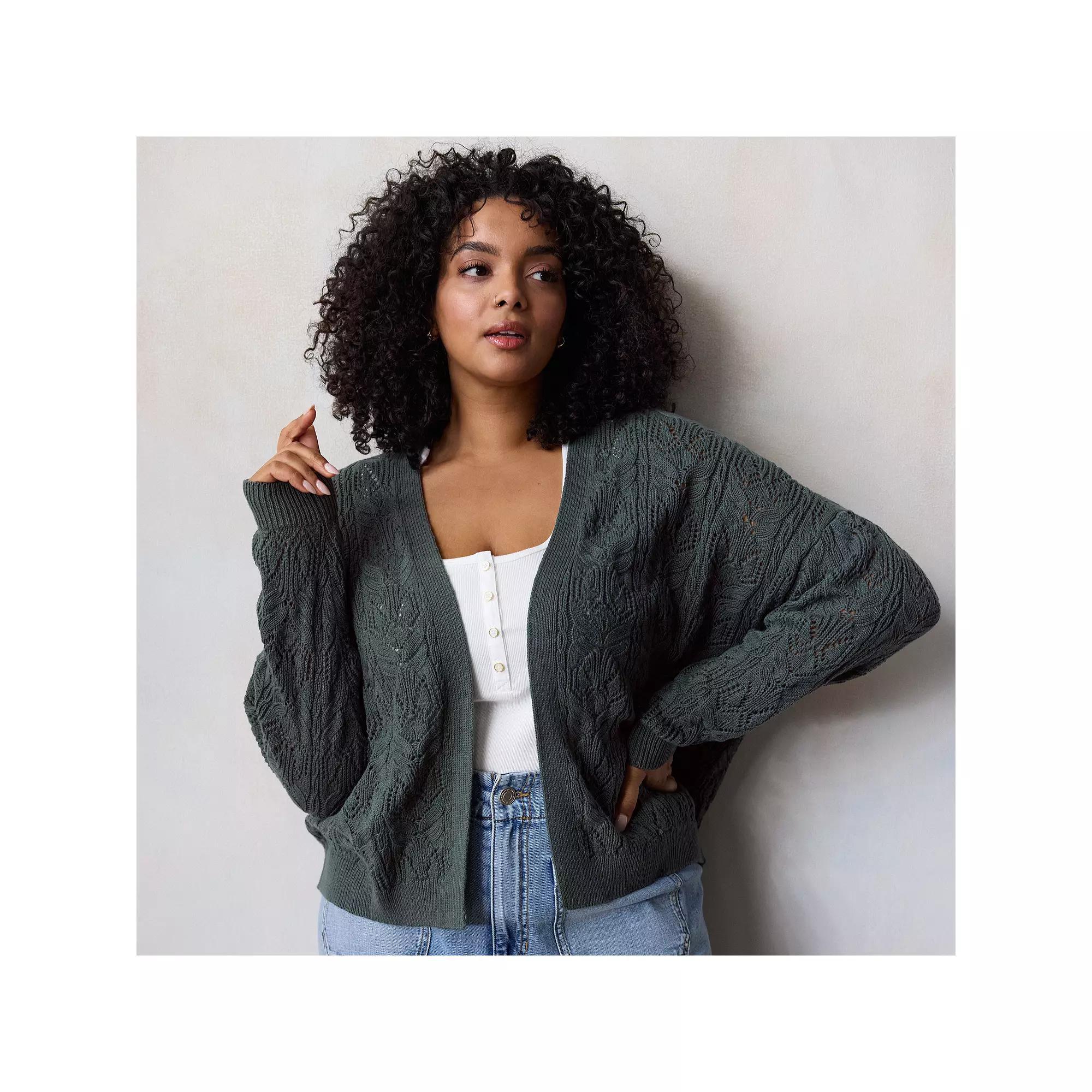 Plus Size LC Lauren Conrad Open Front Pointelle Stitch Cardigan, Women's, Size: 2XL, Budding Aspen Product Image