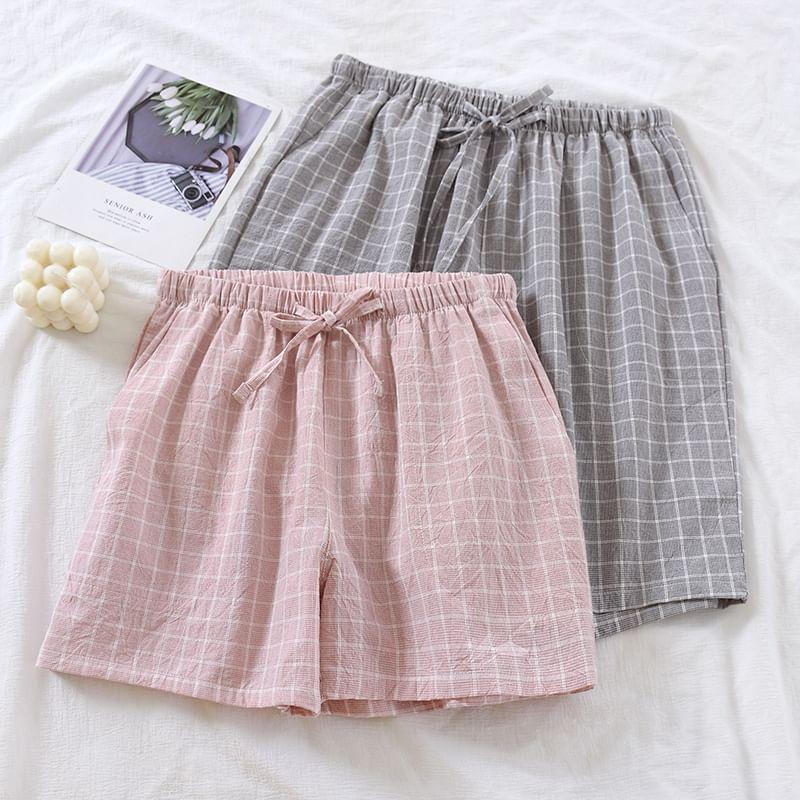Couple Matching Drawstring Waist Plaid Lounge Shorts (Various Designs) Product Image