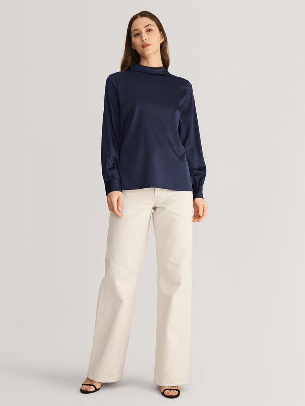 LILYSILK Business Blue Elegant Silk Blouse | Long Sleeves Style | Women Silk Navy Stand Collar Skin-Friendly and Breathable XS Product Image