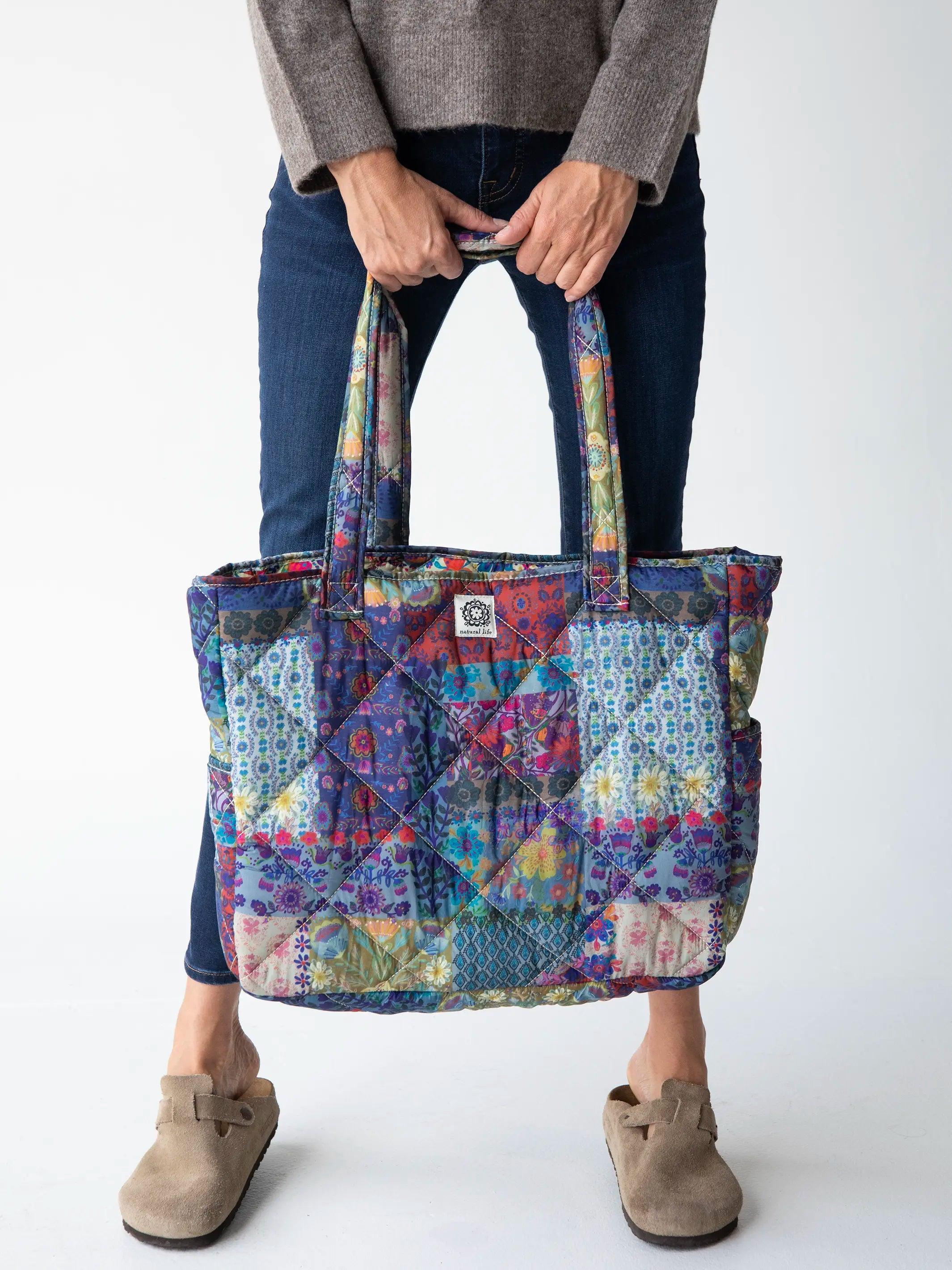 Reversible Puffy Tote Bag - Large Blue Patchwork Product Image